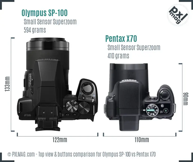 Olympus SP-100 vs Pentax X70 top view buttons comparison