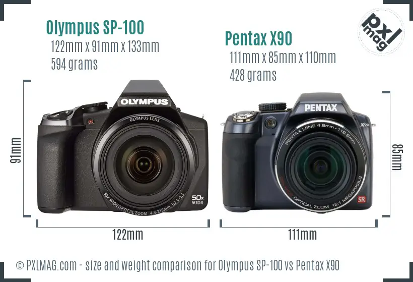 Olympus SP-100 vs Pentax X90 size comparison