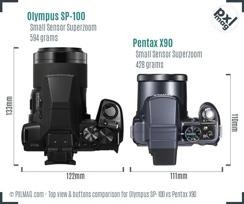 Olympus SP-100 vs Pentax X90 top view buttons comparison