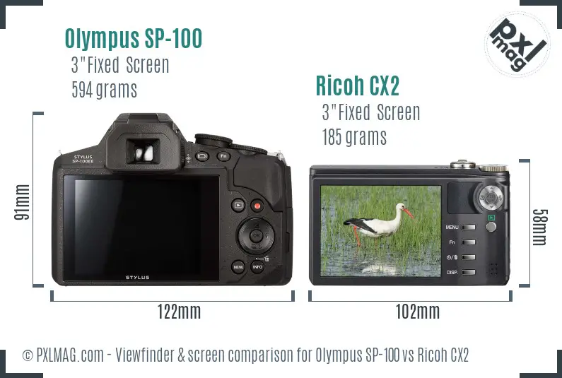 Olympus SP-100 vs Ricoh CX2 Screen and Viewfinder comparison