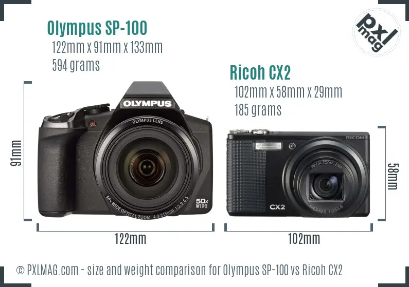 Olympus SP-100 vs Ricoh CX2 size comparison