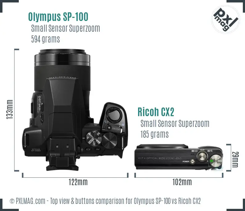 Olympus SP-100 vs Ricoh CX2 top view buttons comparison