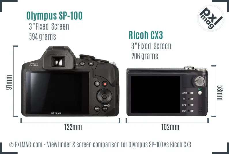 Olympus SP-100 vs Ricoh CX3 Screen and Viewfinder comparison