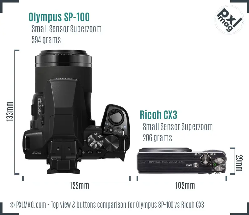 Olympus SP-100 vs Ricoh CX3 top view buttons comparison