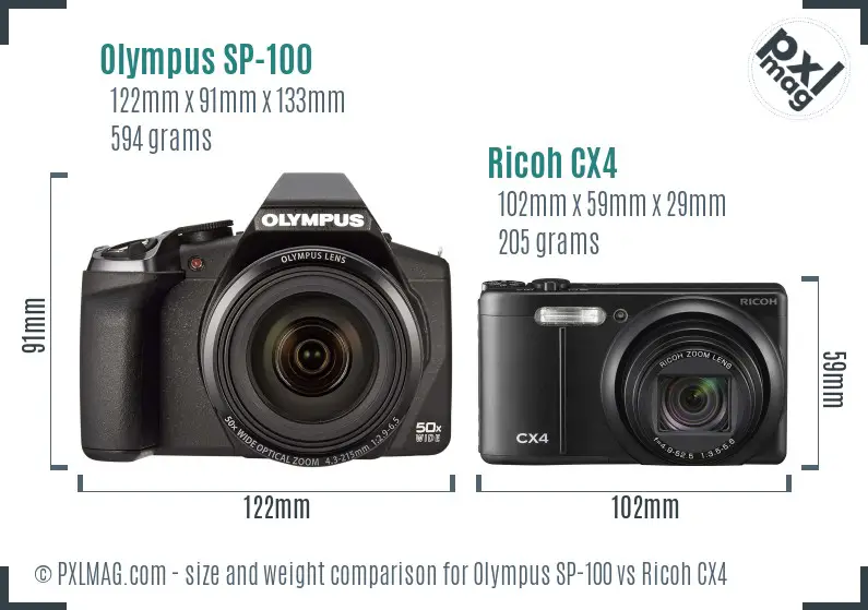 Olympus SP-100 vs Ricoh CX4 size comparison