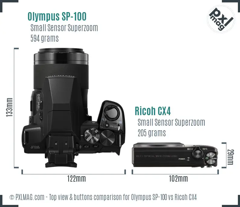 Olympus SP-100 vs Ricoh CX4 top view buttons comparison