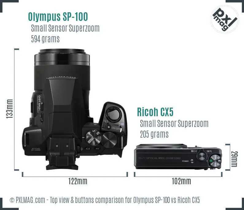 Olympus SP-100 vs Ricoh CX5 top view buttons comparison Olympus SP-100 vs Ricoh CX5 top view buttons comparison
