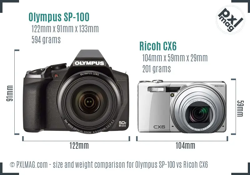 Olympus SP-100 vs Ricoh CX6 size comparison