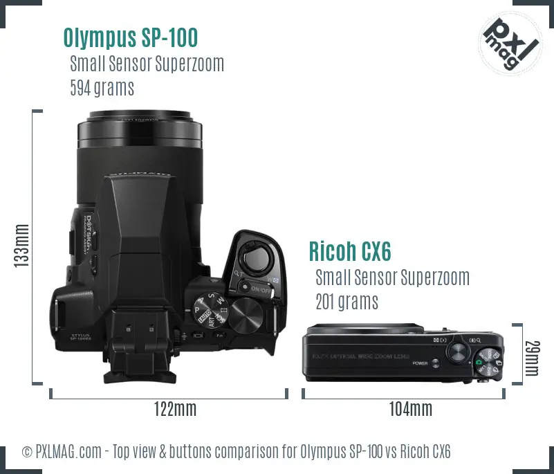 Olympus SP-100 vs Ricoh CX6 top view buttons comparison