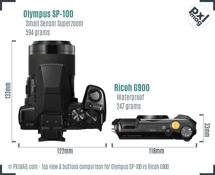Olympus SP-100 vs Ricoh G900 top view buttons comparison