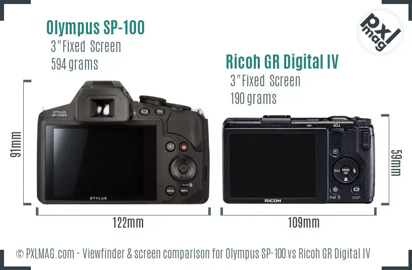 Olympus SP-100 vs Ricoh GR Digital IV Screen and Viewfinder comparison