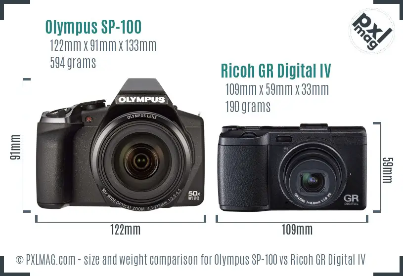 Olympus SP-100 vs Ricoh GR Digital IV size comparison