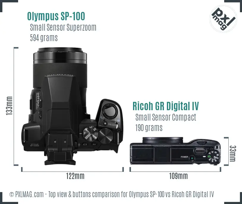 Olympus SP-100 vs Ricoh GR Digital IV top view buttons comparison