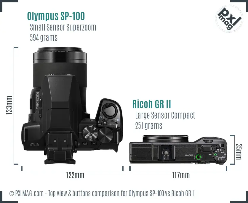 Olympus SP-100 vs Ricoh GR II top view buttons comparison