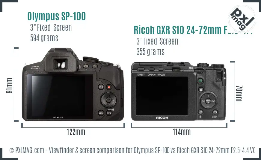 Olympus SP-100 vs Ricoh GXR S10 24-72mm F2.5-4.4 VC Screen and Viewfinder comparison