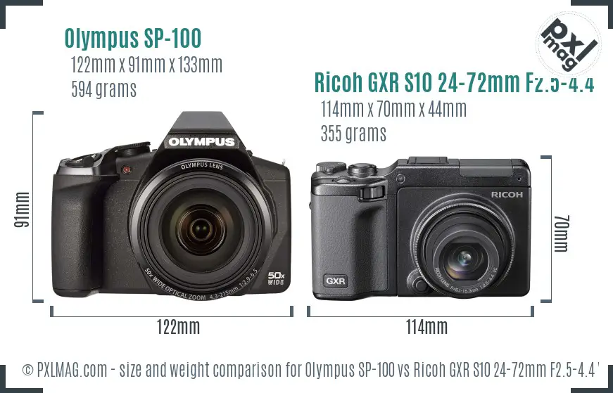 Olympus SP-100 vs Ricoh GXR S10 24-72mm F2.5-4.4 VC size comparison