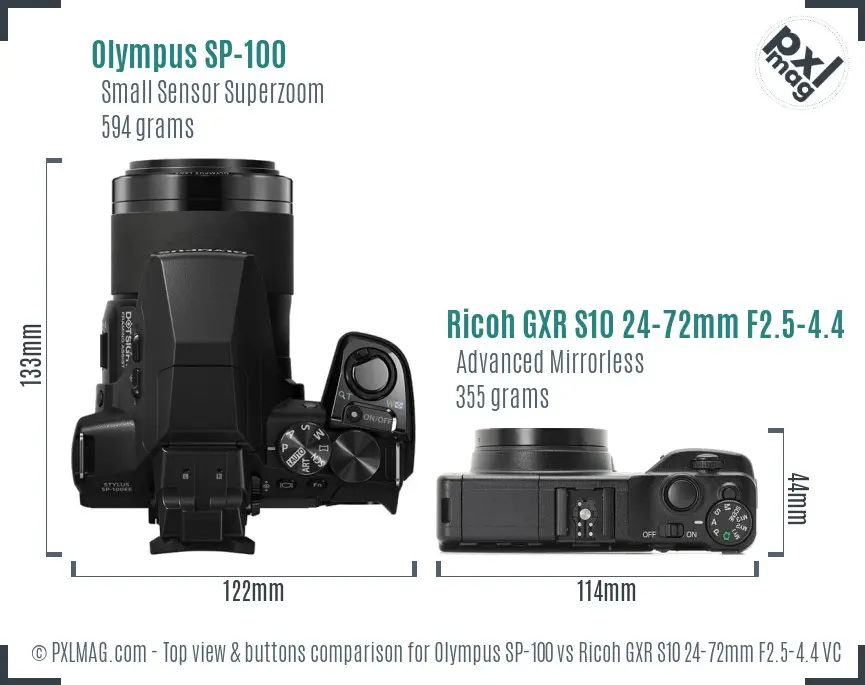 Olympus SP-100 vs Ricoh GXR S10 24-72mm F2.5-4.4 VC top view buttons comparison