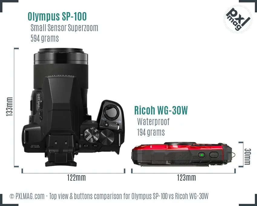 Olympus SP-100 vs Ricoh WG-30W top view buttons comparison