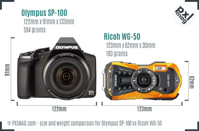 Olympus SP-100 vs Ricoh WG-50 size comparison