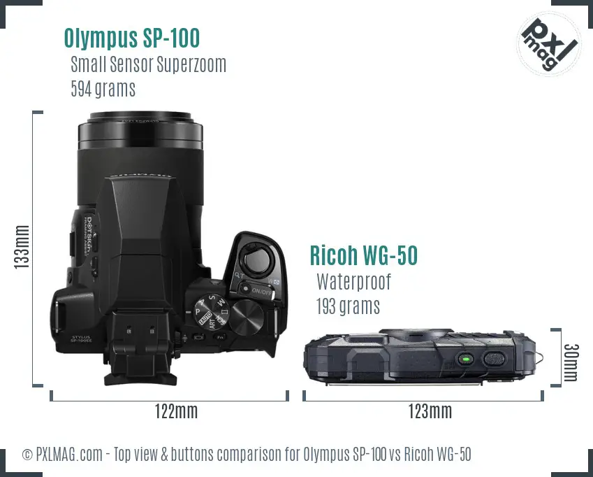 Olympus SP-100 vs Ricoh WG-50 top view buttons comparison