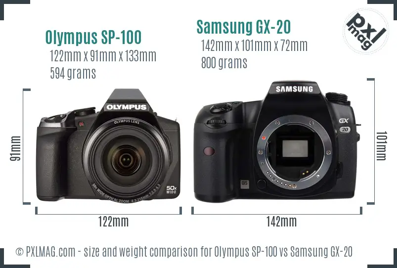 Olympus SP-100 vs Samsung GX-20 size comparison