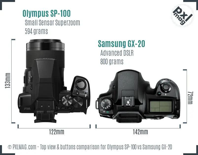 Olympus SP-100 vs Samsung GX-20 top view buttons comparison