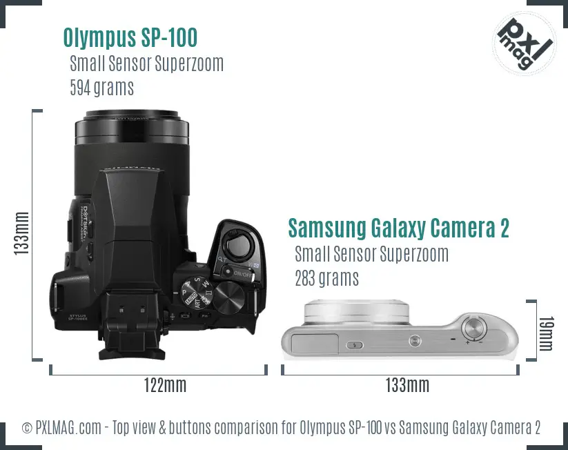 Olympus SP-100 vs Samsung Galaxy Camera 2 top view buttons comparison