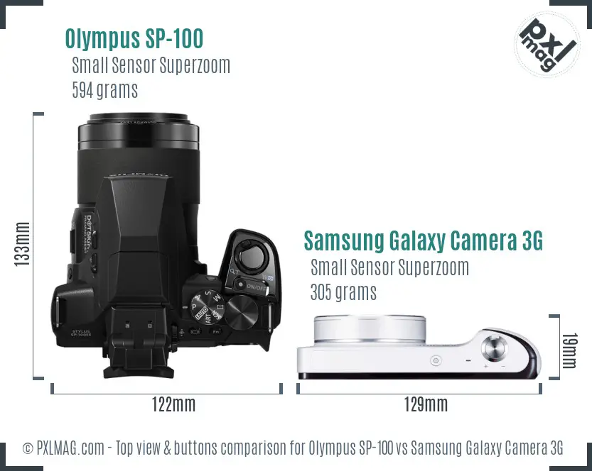 Olympus SP-100 vs Samsung Galaxy Camera 3G top view buttons comparison