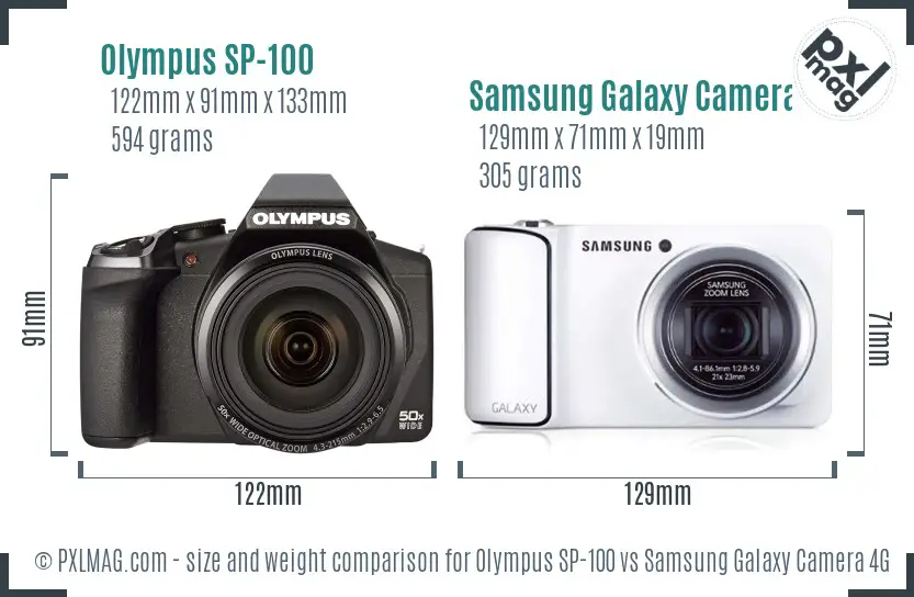 Olympus SP-100 vs Samsung Galaxy Camera 4G size comparison