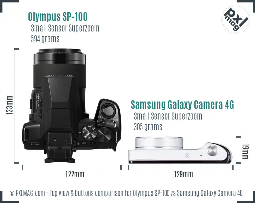 Olympus SP-100 vs Samsung Galaxy Camera 4G top view buttons comparison