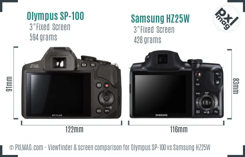 Olympus SP-100 vs Samsung HZ25W Screen and Viewfinder comparison