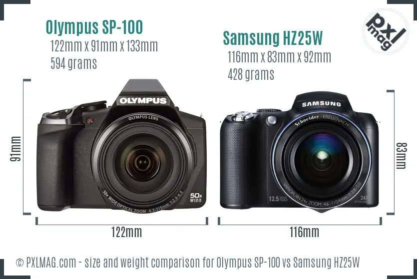 Olympus SP-100 vs Samsung HZ25W size comparison Olympus SP-100 vs Samsung HZ25W size comparison