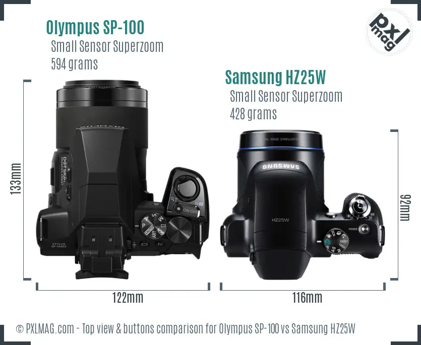 Olympus SP-100 vs Samsung HZ25W top view buttons comparison