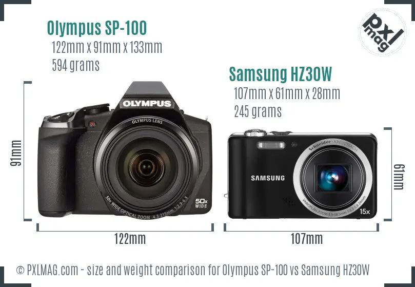 Olympus SP-100 vs Samsung HZ30W size comparison