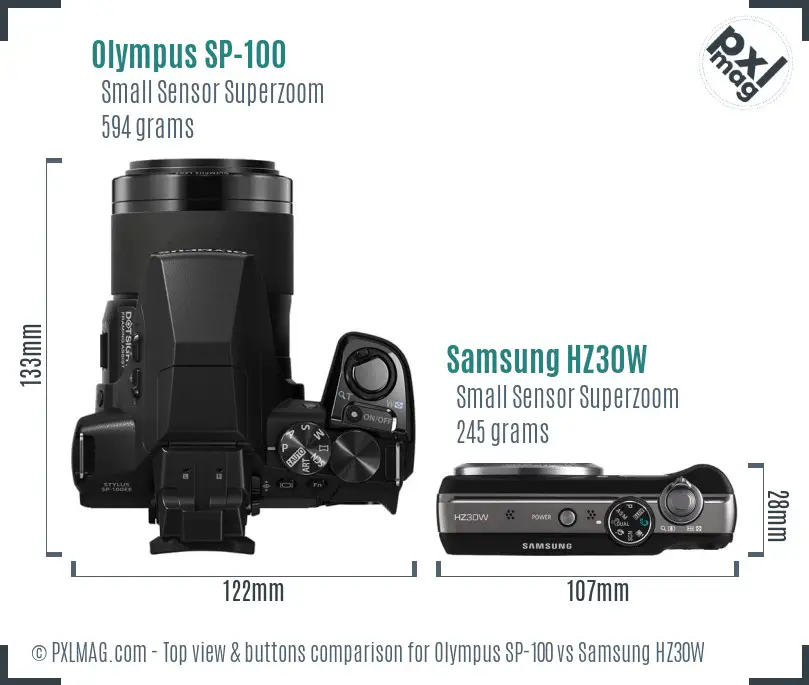 Olympus SP-100 vs Samsung HZ30W top view buttons comparison