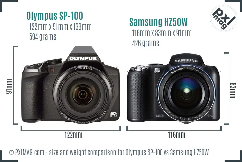 Olympus SP-100 vs Samsung HZ50W size comparison Olympus SP-100 vs Samsung HZ50W size comparison