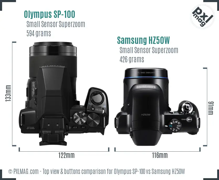 Olympus SP-100 vs Samsung HZ50W top view buttons comparison Olympus SP-100 vs Samsung HZ50W top view buttons comparison