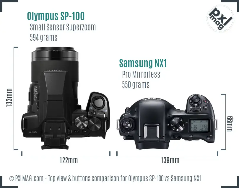 Olympus SP-100 vs Samsung NX1 top view buttons comparison