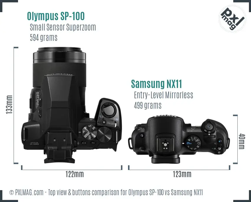 Olympus SP-100 vs Samsung NX11 top view buttons comparison