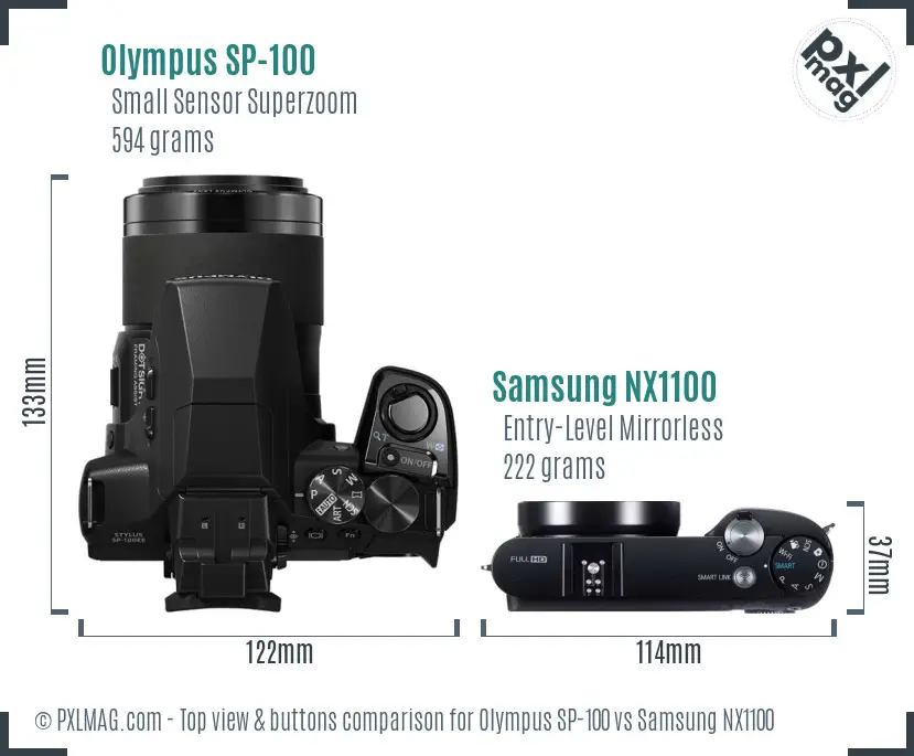 Olympus SP-100 vs Samsung NX1100 top view buttons comparison