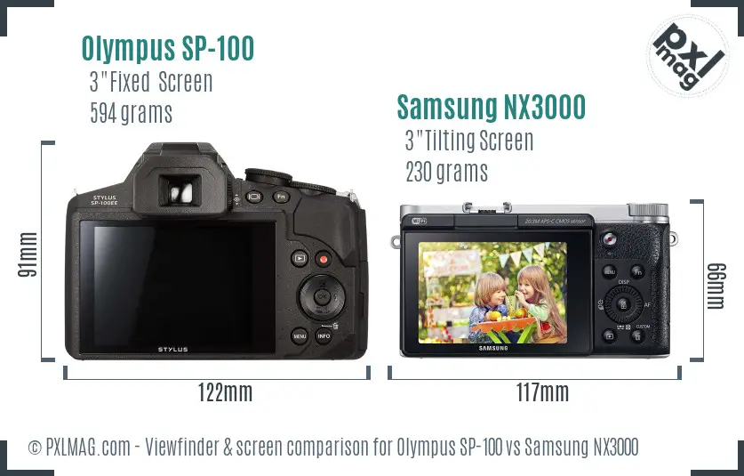Olympus SP-100 vs Samsung NX3000 Screen and Viewfinder comparison