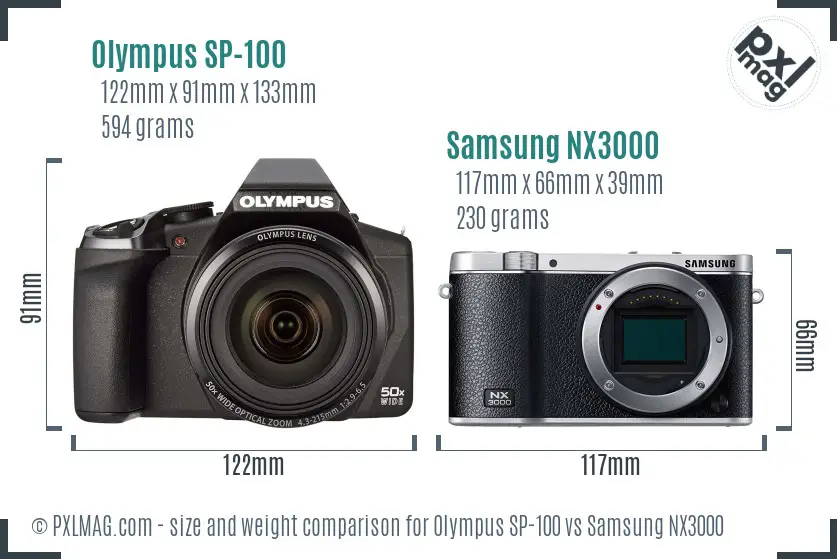 Olympus SP-100 vs Samsung NX3000 size comparison