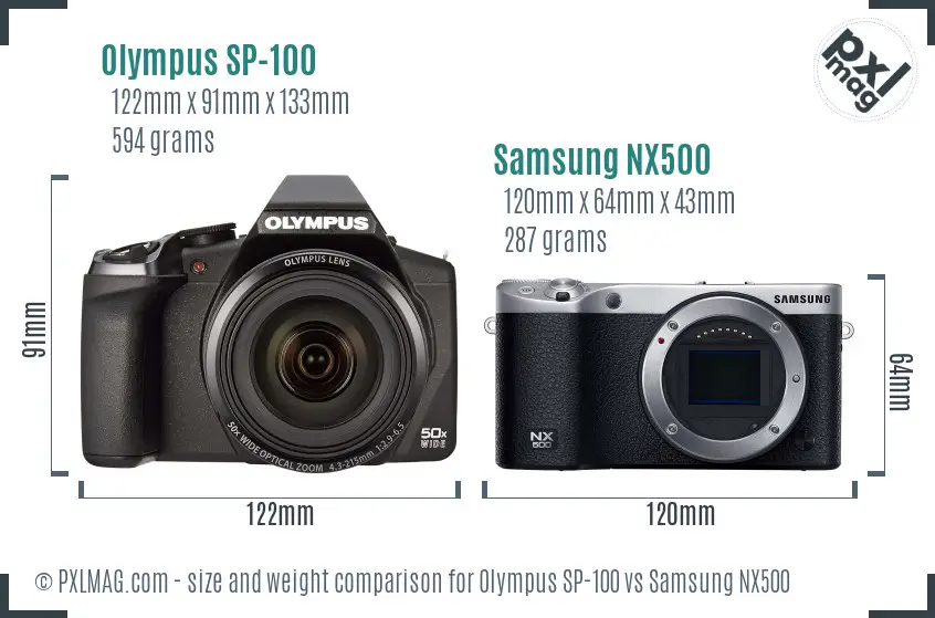Olympus SP-100 vs Samsung NX500 size comparison Olympus SP-100 vs Samsung NX500 size comparison