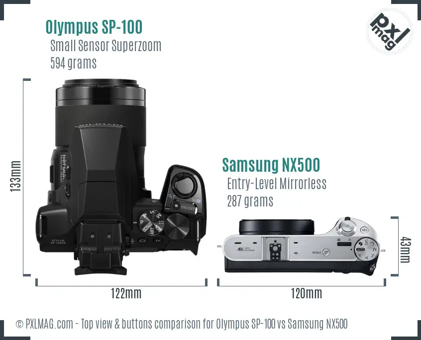 Olympus SP-100 vs Samsung NX500 top view buttons comparison Olympus SP-100 vs Samsung NX500 top view buttons comparison