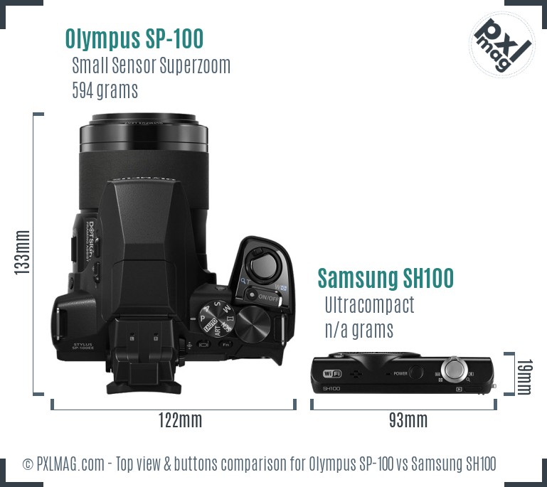 Olympus SP-100 vs Samsung SH100 top view buttons comparison