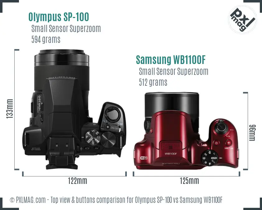 Olympus SP-100 vs Samsung WB1100F top view buttons comparison