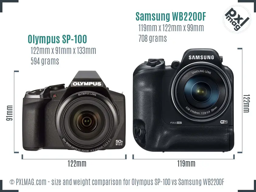 Olympus SP-100 vs Samsung WB2200F size comparison