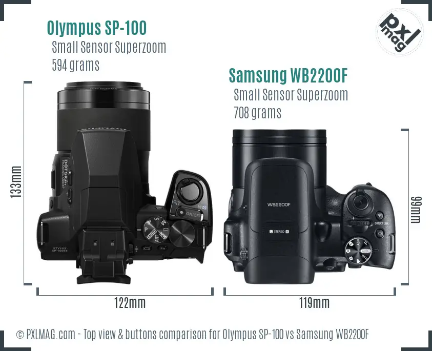 Olympus SP-100 vs Samsung WB2200F top view buttons comparison