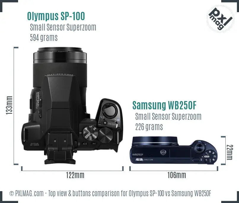 Olympus SP-100 vs Samsung WB250F top view buttons comparison Olympus SP-100 vs Samsung WB250F top view buttons comparison