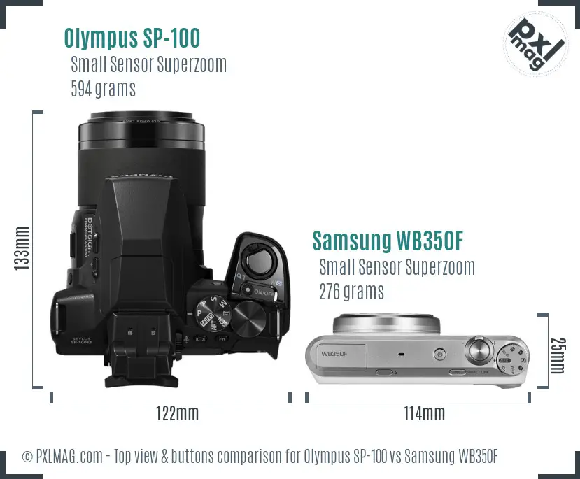 Olympus SP-100 vs Samsung WB350F top view buttons comparison